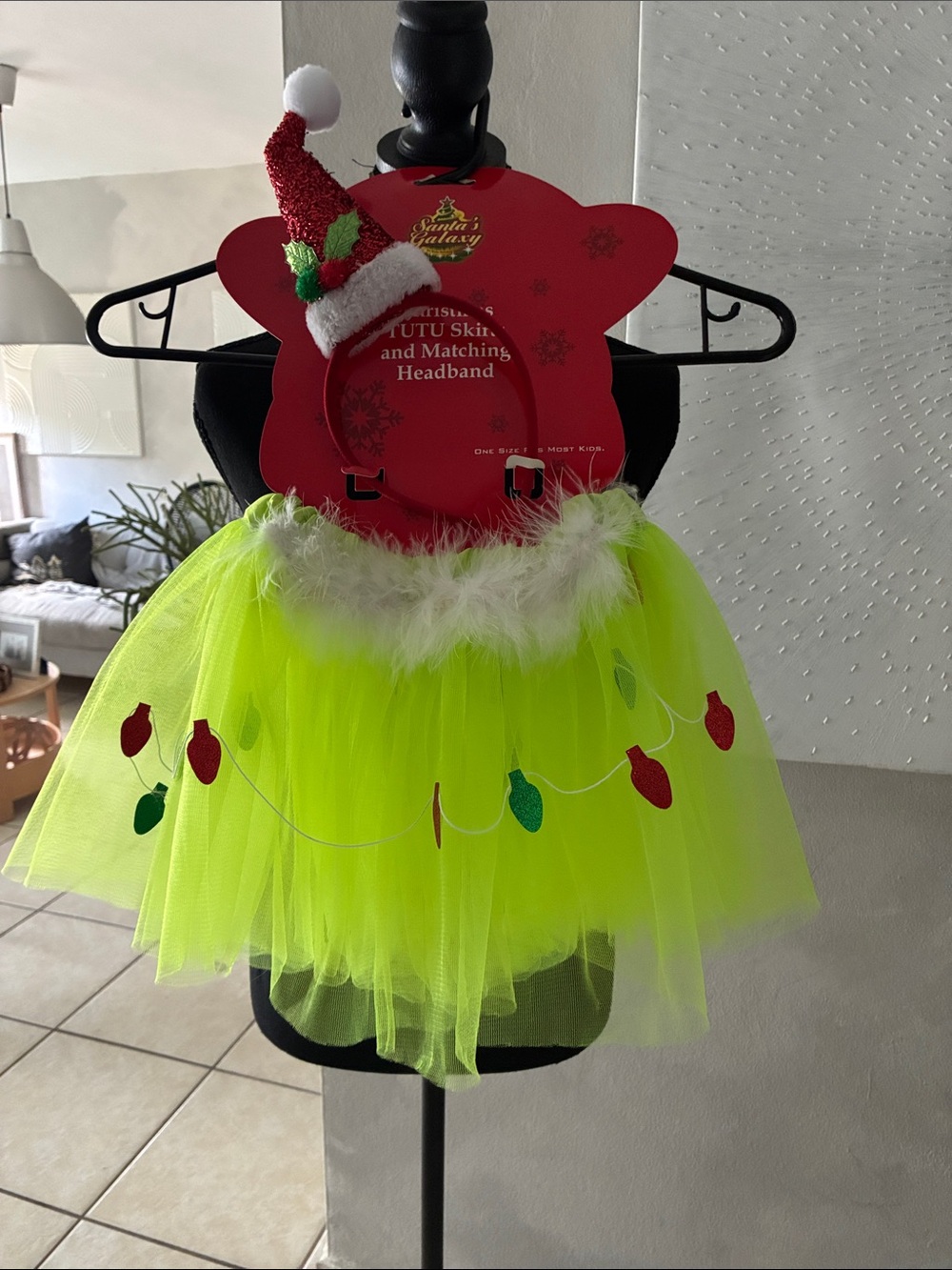 Kids Neon Green Christmas Light Tutu Dress with Santa Hat